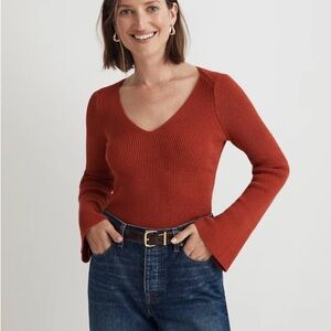 Flared-Sleeve V-Neck Sweater in Etruscan Clay